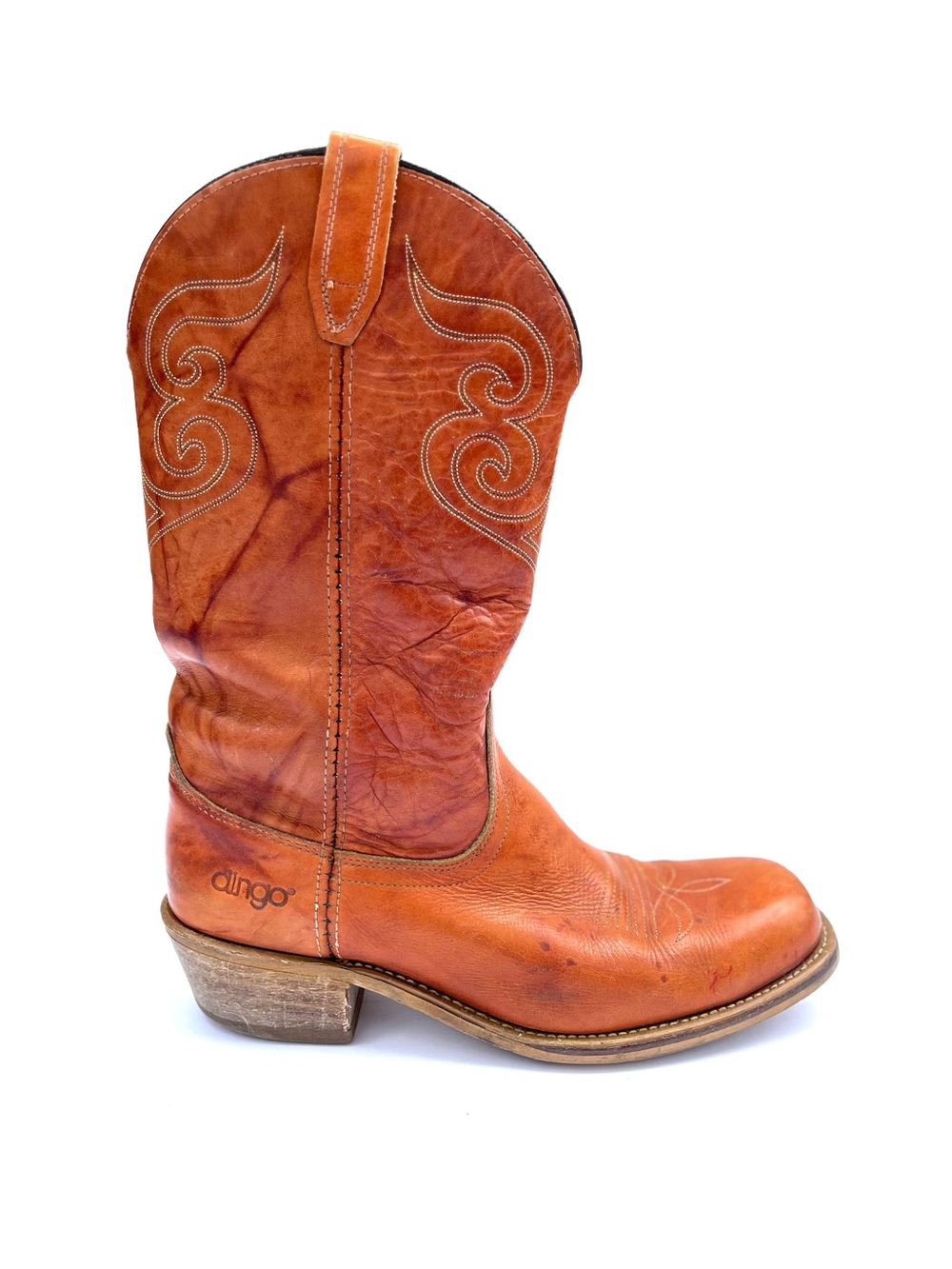 Vintage Men's Size 12 Dingo Orange Brown Leather Western Boot Embroidered Cowboy